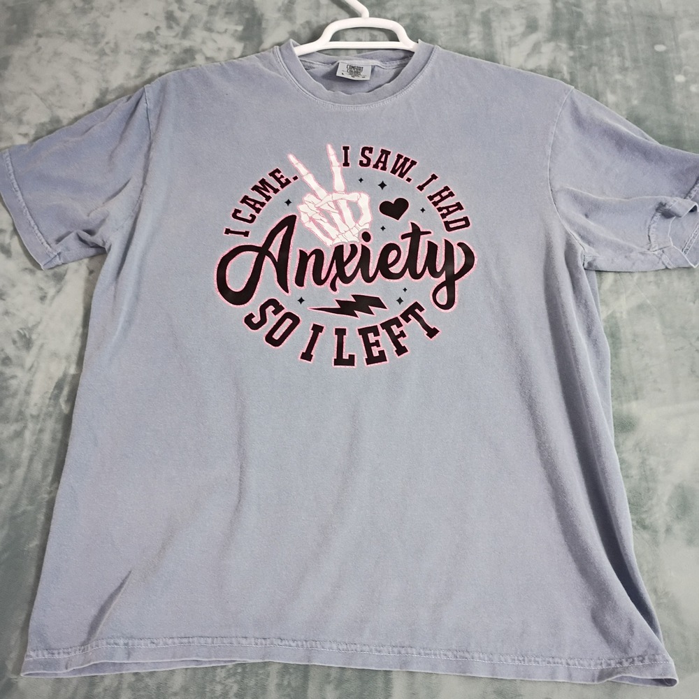 Comfort Colors Anxiety Graphic T-Shirt Blue Gray Skeleton Peace Sign Large